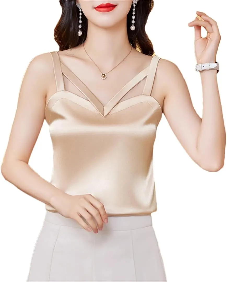 Women's Camisole Vest Spring Summer Silk Satin Tank Tops Sleeveless Hollow Out Shirt Top