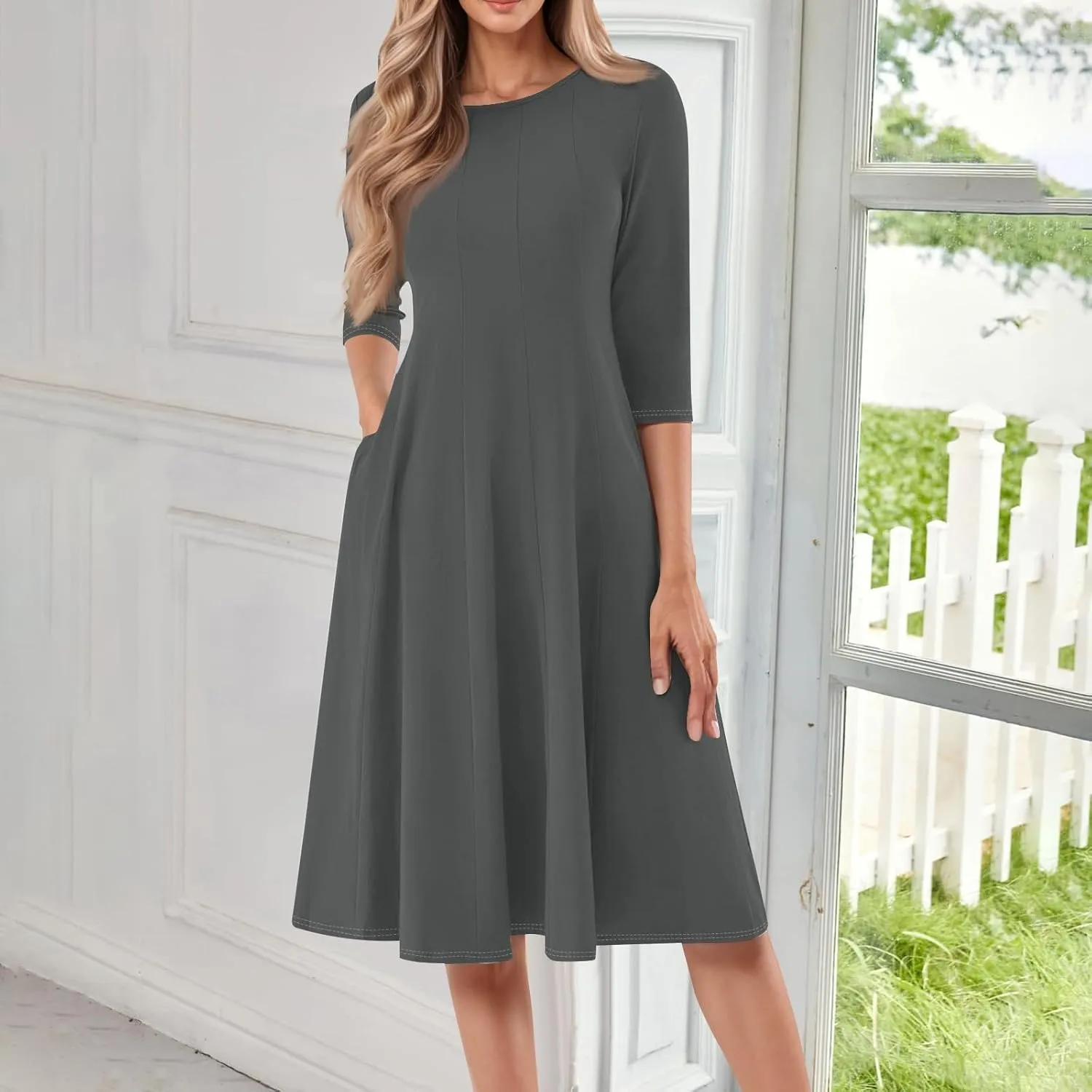Women's Casual Midi Solid Color Dress A Line 3/4 Sleeve Tunic Dresses Pleated Crew Neck Fashion Loose Fit Wrap Dress