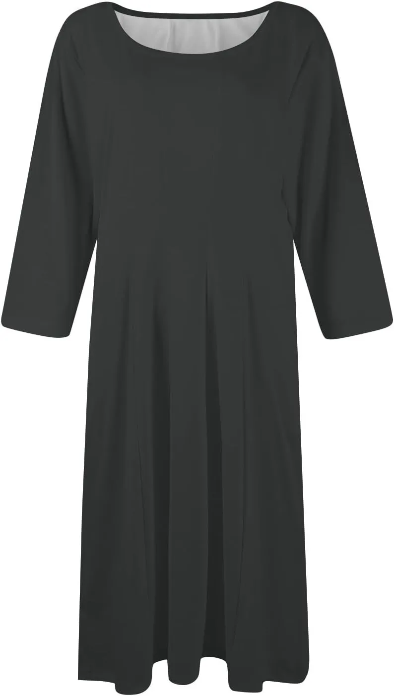 Women's Casual Midi Solid Color Dress A Line 3/4 Sleeve Tunic Dresses Pleated Crew Neck Fashion Loose Fit Wrap Dress
