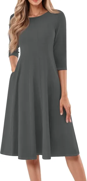 Women's Casual Midi Solid Color Dress A Line 3/4 Sleeve Tunic Dresses Pleated Crew Neck Fashion Loose Fit Wrap Dress
