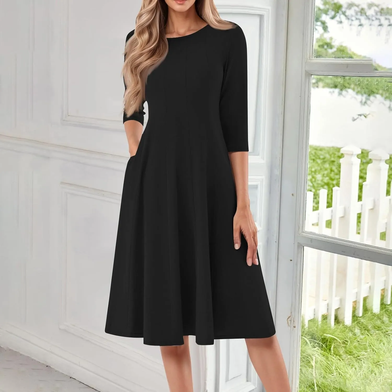 Women's Casual Midi Solid Color Dress A Line 3/4 Sleeve Tunic Dresses Pleated Crew Neck Fashion Loose Fit Wrap Dress