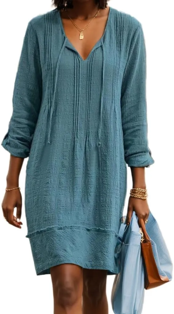 Women's Cotton Linen Casual Loose Shift Tunic Dress Summer Pleated Tassel Tie Long Sleeve Beach Midi Tshirt Dress