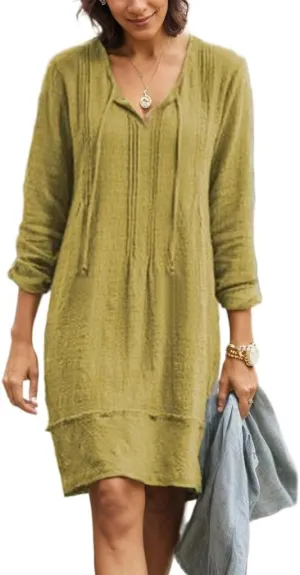 Women's Cotton Linen Casual Loose Shift Tunic Dress Summer Pleated Tassel Tie Long Sleeve Beach Midi Tshirt Dress