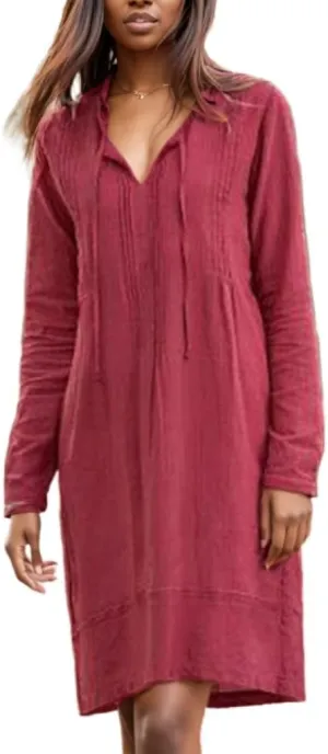 Women's Cotton Linen Casual Loose Shift Tunic Dress Summer Pleated Tassel Tie Long Sleeve Beach Midi Tshirt Dress