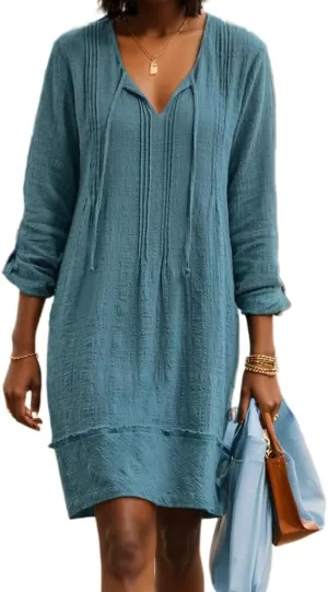 Women's Cotton Linen Casual Loose Shift Tunic Dress Summer Pleated Tassel Tie Long Sleeve Beach Midi Tshirt Dress