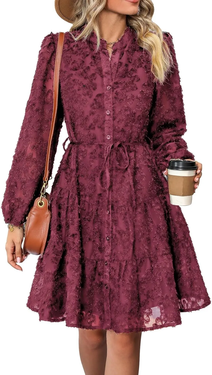 Women's Floral Print Knee Length Shirt Dresses Button Down Belted Stand Neck Fuzzy Flowy Ruffle Hem Party Mini Dress