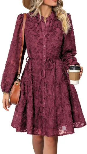 Women's Floral Print Knee Length Shirt Dresses Button Down Belted Stand Neck Fuzzy Flowy Ruffle Hem Party Mini Dress