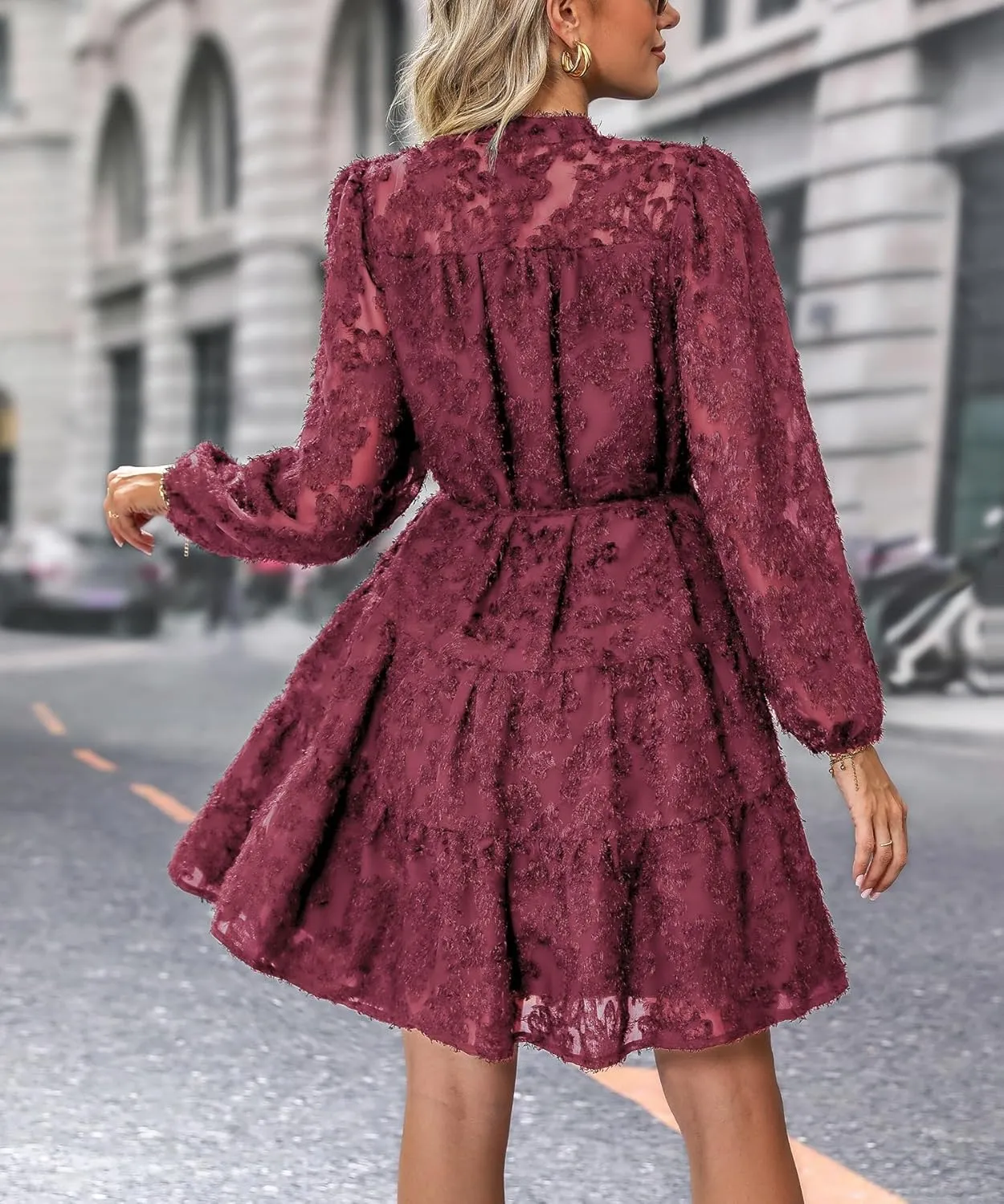 Women's Floral Print Knee Length Shirt Dresses Button Down Belted Stand Neck Fuzzy Flowy Ruffle Hem Party Mini Dress