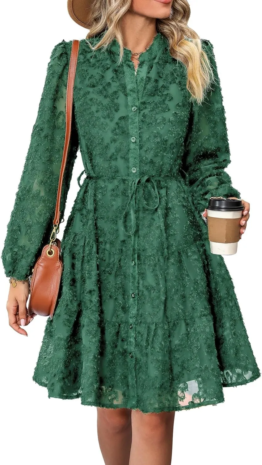 Women's Floral Print Knee Length Shirt Dresses Button Down Belted Stand Neck Fuzzy Flowy Ruffle Hem Party Mini Dress