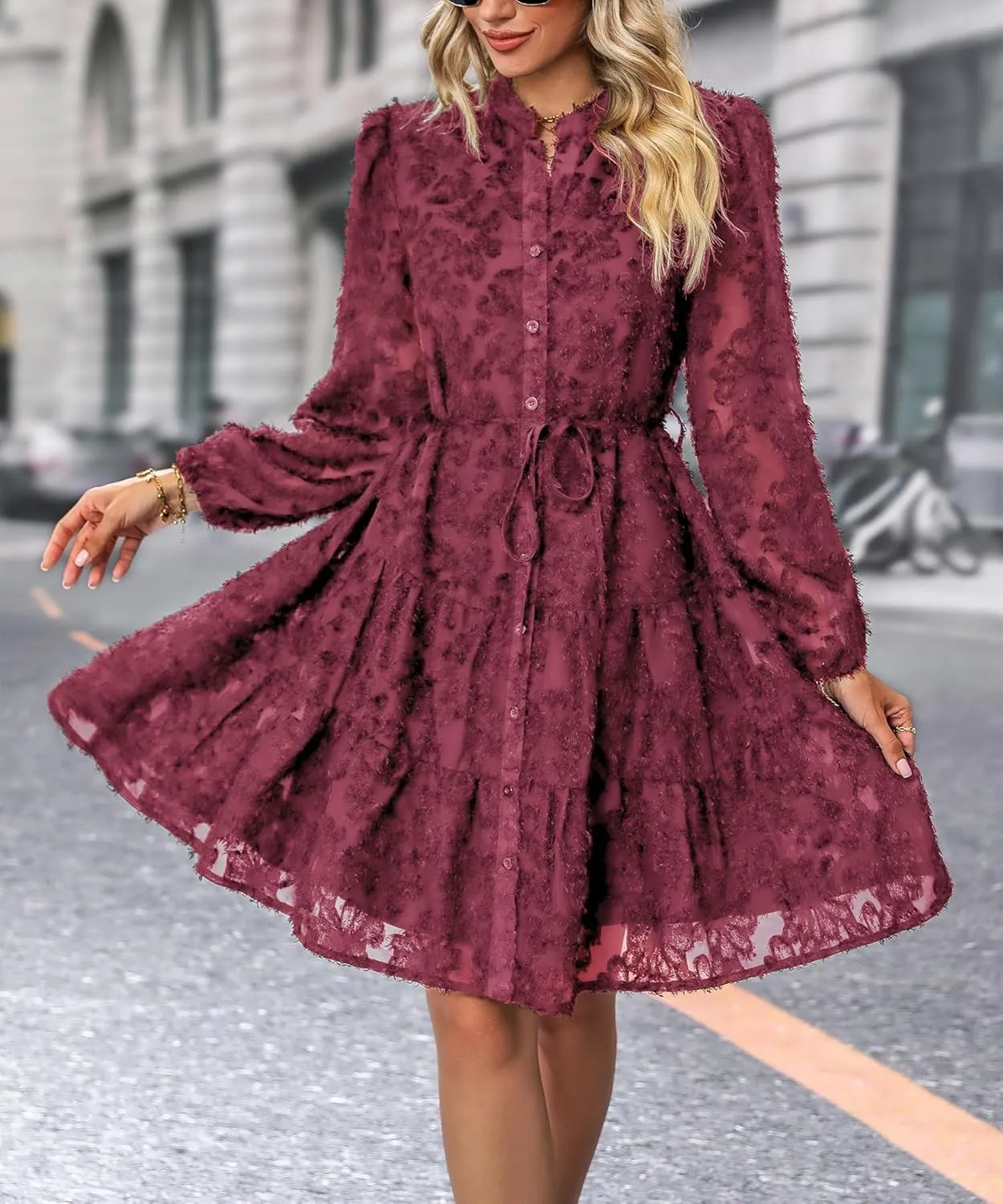 Women's Floral Print Knee Length Shirt Dresses Button Down Belted Stand Neck Fuzzy Flowy Ruffle Hem Party Mini Dress
