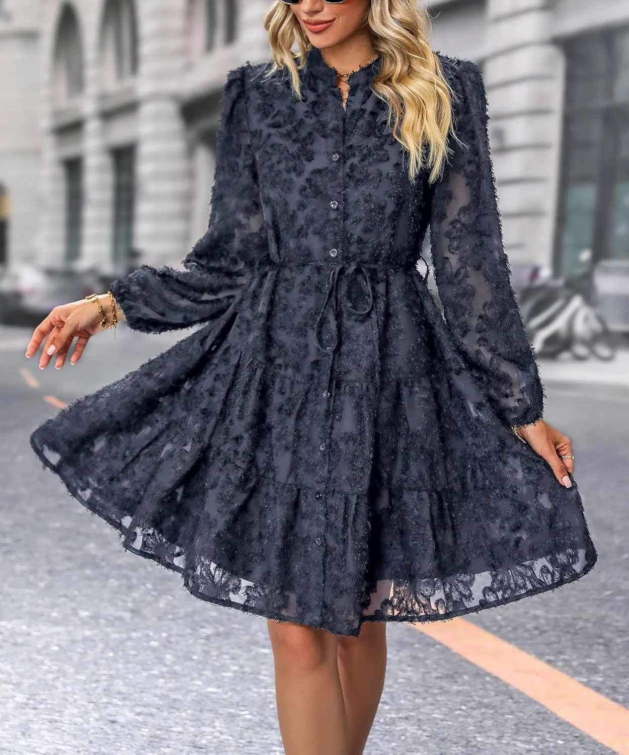 Women's Floral Print Knee Length Shirt Dresses Button Down Belted Stand Neck Fuzzy Flowy Ruffle Hem Party Mini Dress