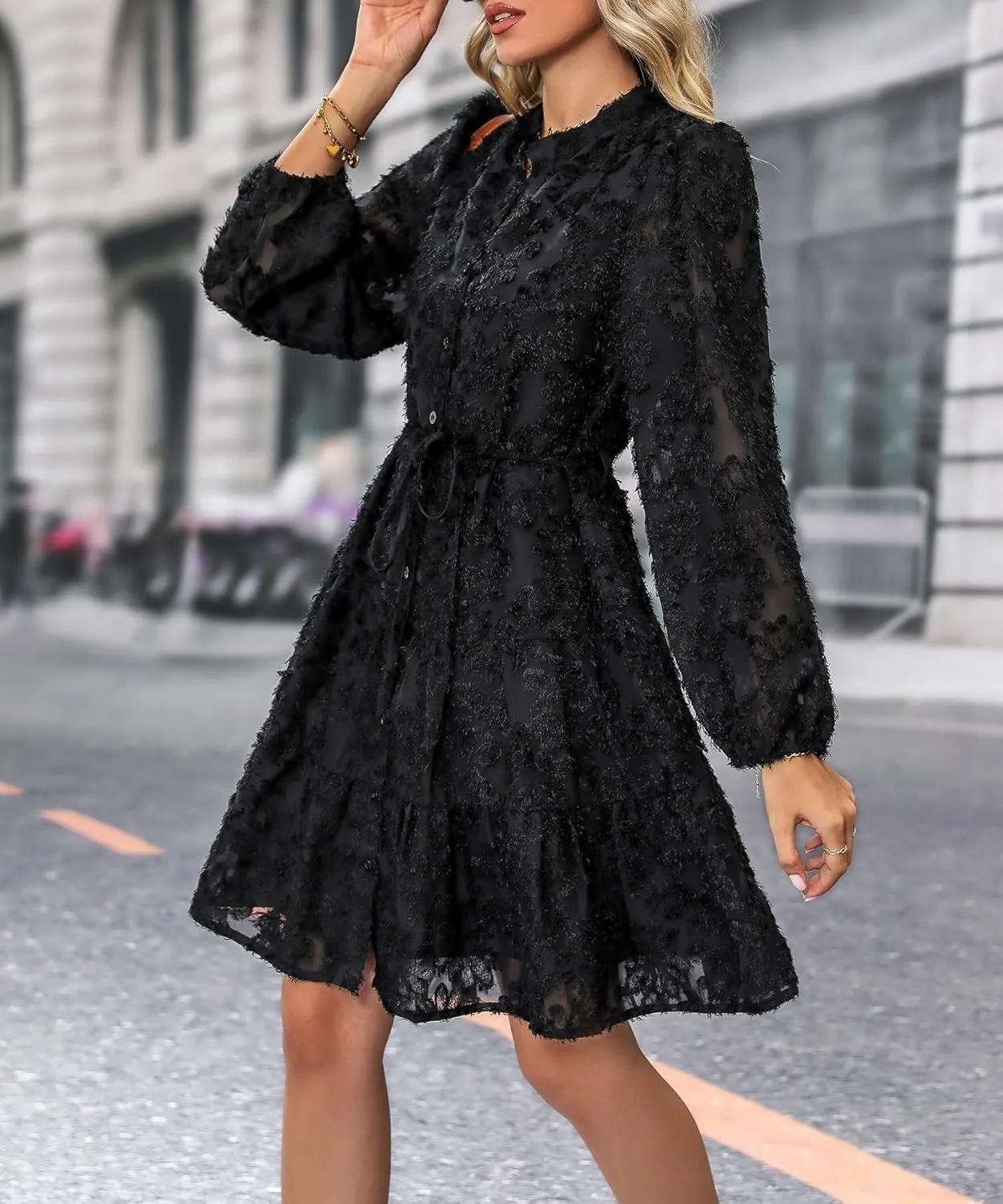 Women's Floral Print Knee Length Shirt Dresses Button Down Belted Stand Neck Fuzzy Flowy Ruffle Hem Party Mini Dress
