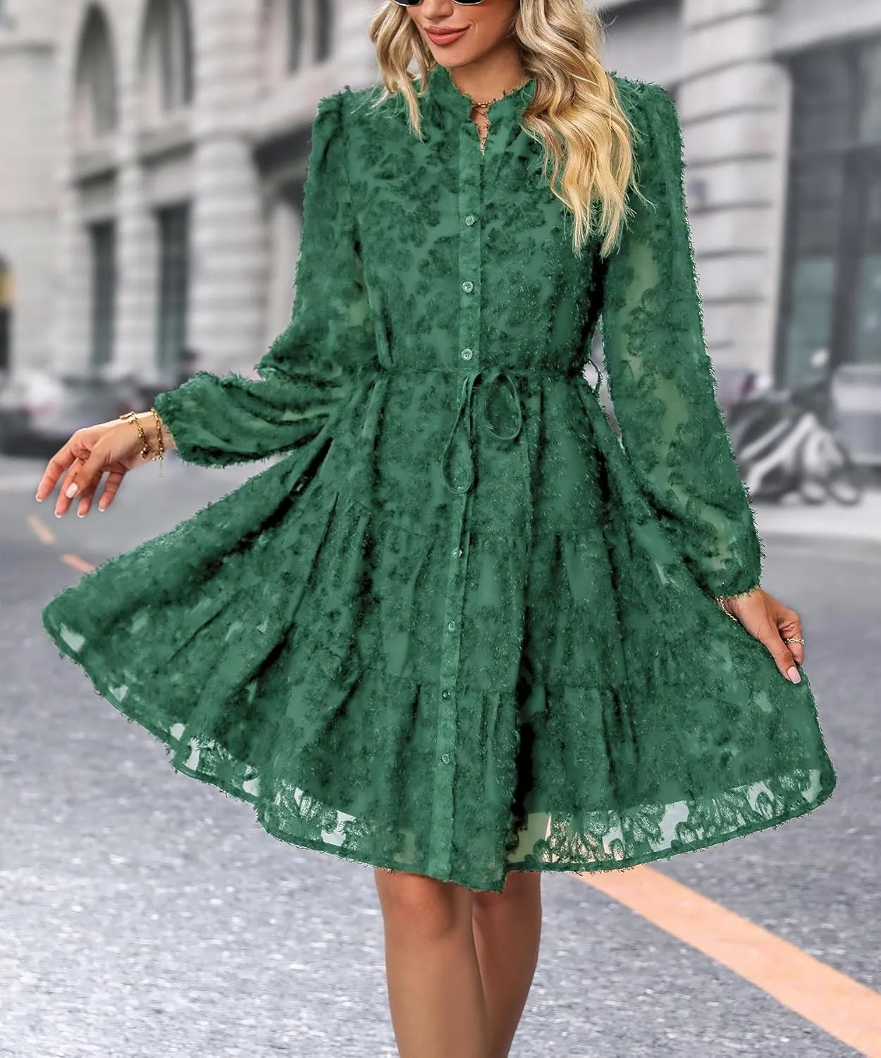 Women's Floral Print Knee Length Shirt Dresses Button Down Belted Stand Neck Fuzzy Flowy Ruffle Hem Party Mini Dress