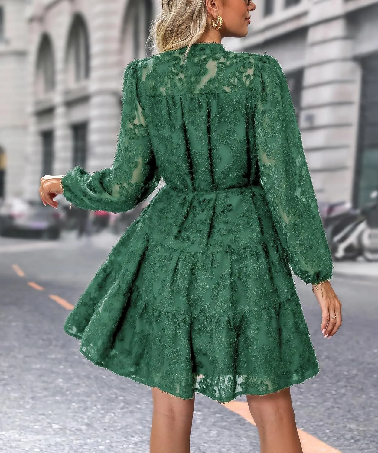 Women's Floral Print Knee Length Shirt Dresses Button Down Belted Stand Neck Fuzzy Flowy Ruffle Hem Party Mini Dress