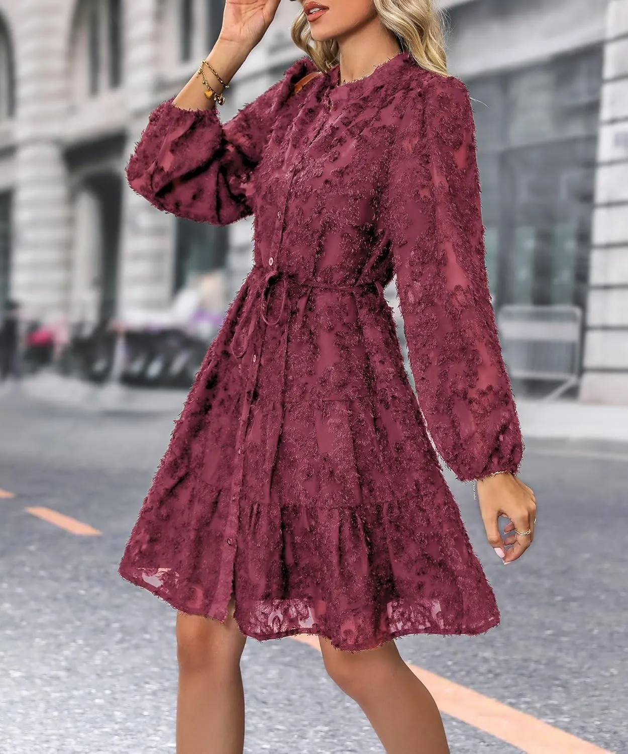 Women's Floral Print Knee Length Shirt Dresses Button Down Belted Stand Neck Fuzzy Flowy Ruffle Hem Party Mini Dress
