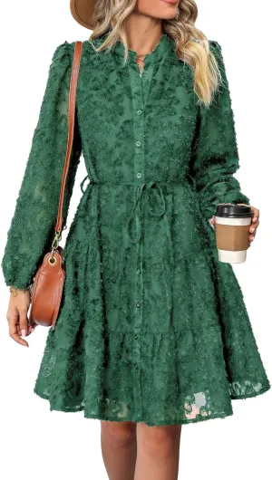 Women's Floral Print Knee Length Shirt Dresses Button Down Belted Stand Neck Fuzzy Flowy Ruffle Hem Party Mini Dress