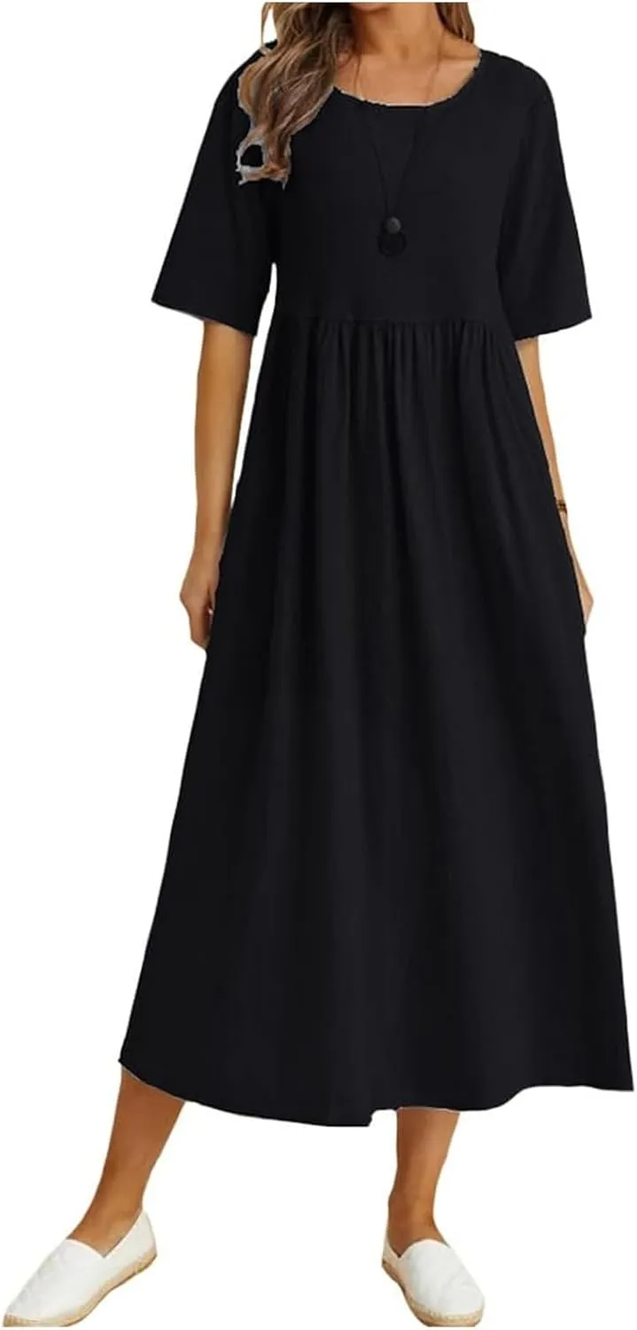 Women's Maxi Dresses Short Sleeve Long Casual Summer Cotton Linen Crewneck Loose Plus Size Basic Beach Midi Dresses