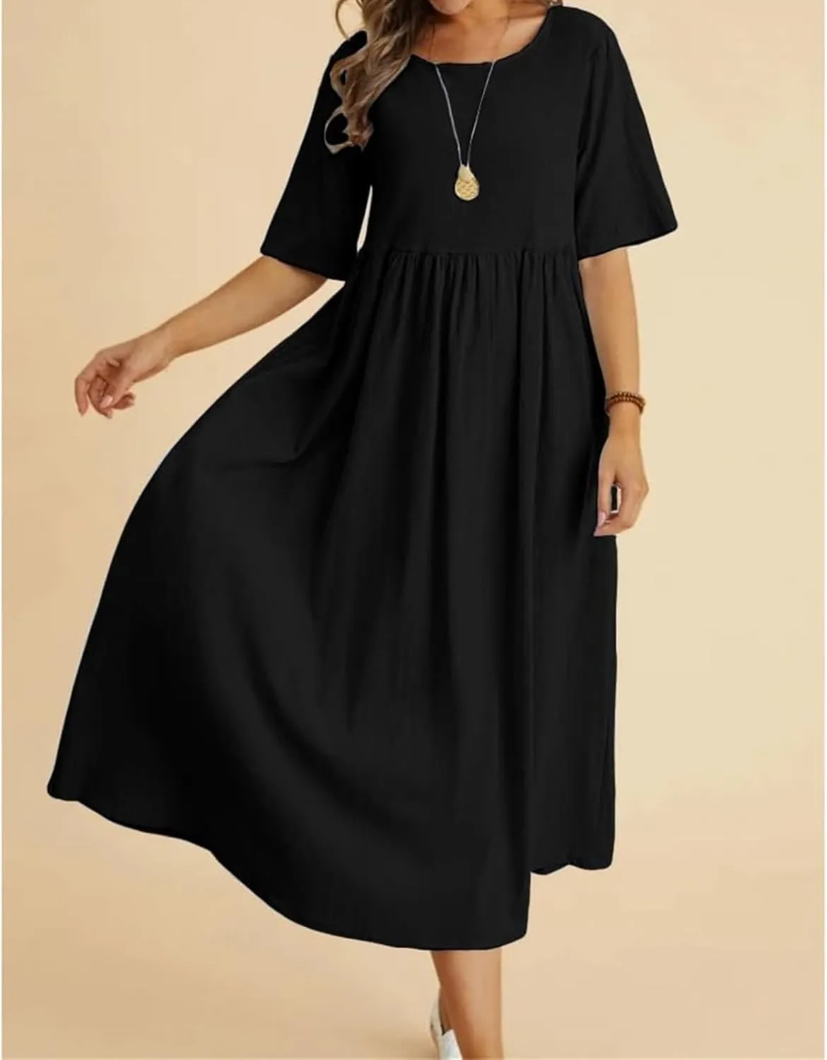 Women's Maxi Dresses Short Sleeve Long Casual Summer Cotton Linen Crewneck Loose Plus Size Basic Beach Midi Dresses