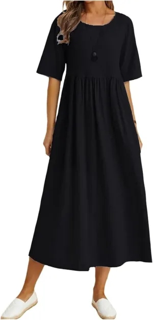 Women's Maxi Dresses Short Sleeve Long Casual Summer Cotton Linen Crewneck Loose Plus Size Basic Beach Midi Dresses