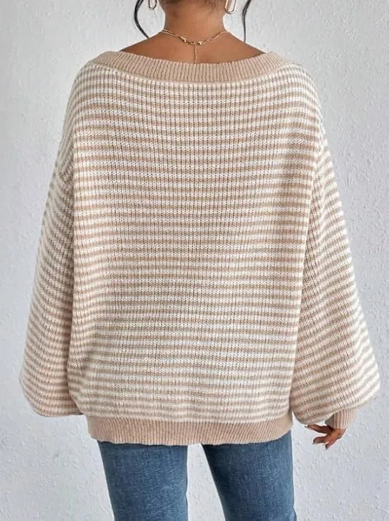 Women's Oversized Striped Sweater Casual Off The Shoulder Sweater Fall Long Sleeve Loose Knit Pullover Jumper Tops