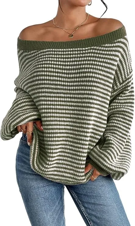 Women's Oversized Striped Sweater Casual Off The Shoulder Sweater Fall Long Sleeve Loose Knit Pullover Jumper Tops