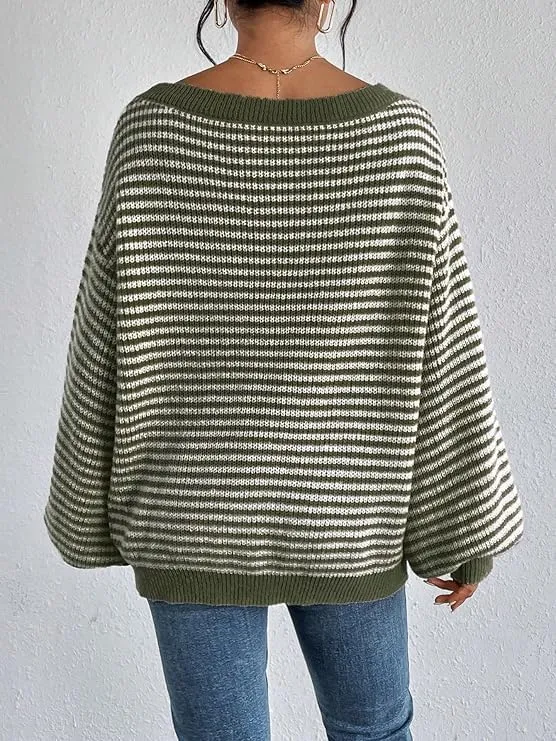 Women's Oversized Striped Sweater Casual Off The Shoulder Sweater Fall Long Sleeve Loose Knit Pullover Jumper Tops