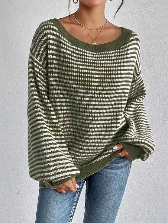 Women's Oversized Striped Sweater Casual Off The Shoulder Sweater Fall Long Sleeve Loose Knit Pullover Jumper Tops