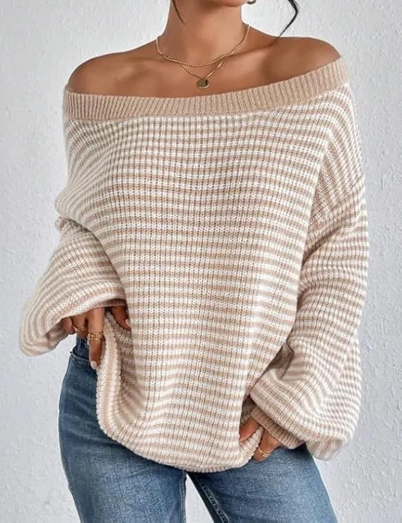 Women's Oversized Striped Sweater Casual Off The Shoulder Sweater Fall Long Sleeve Loose Knit Pullover Jumper Tops