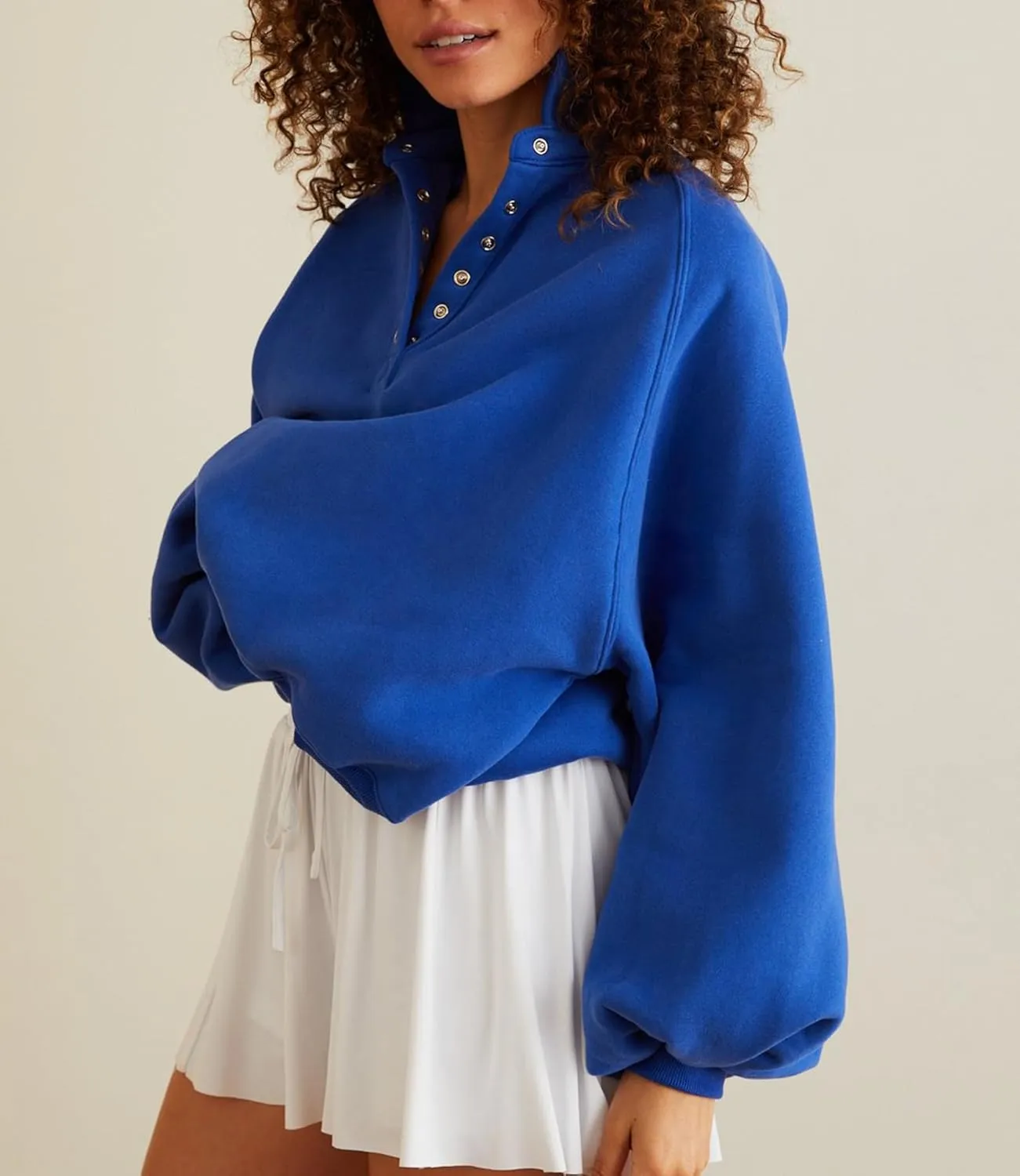 Women's Oversized Sweatshirt Casual Loose V Neck Lantern sleeve Snap Collared Cropped Pullover Tunic Tops