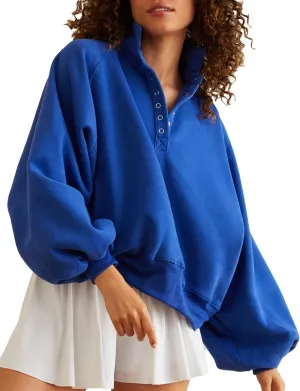 Women's Oversized Sweatshirt Casual Loose V Neck Lantern sleeve Snap Collared Cropped Pullover Tunic Tops