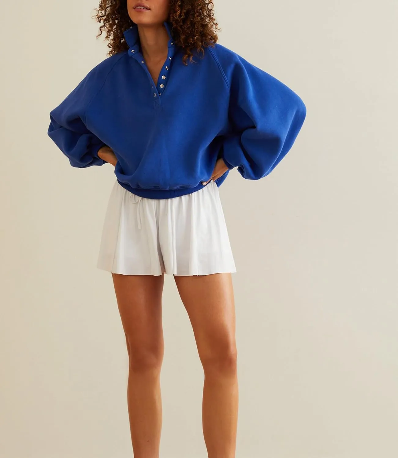 Women's Oversized Sweatshirt Casual Loose V Neck Lantern sleeve Snap Collared Cropped Pullover Tunic Tops