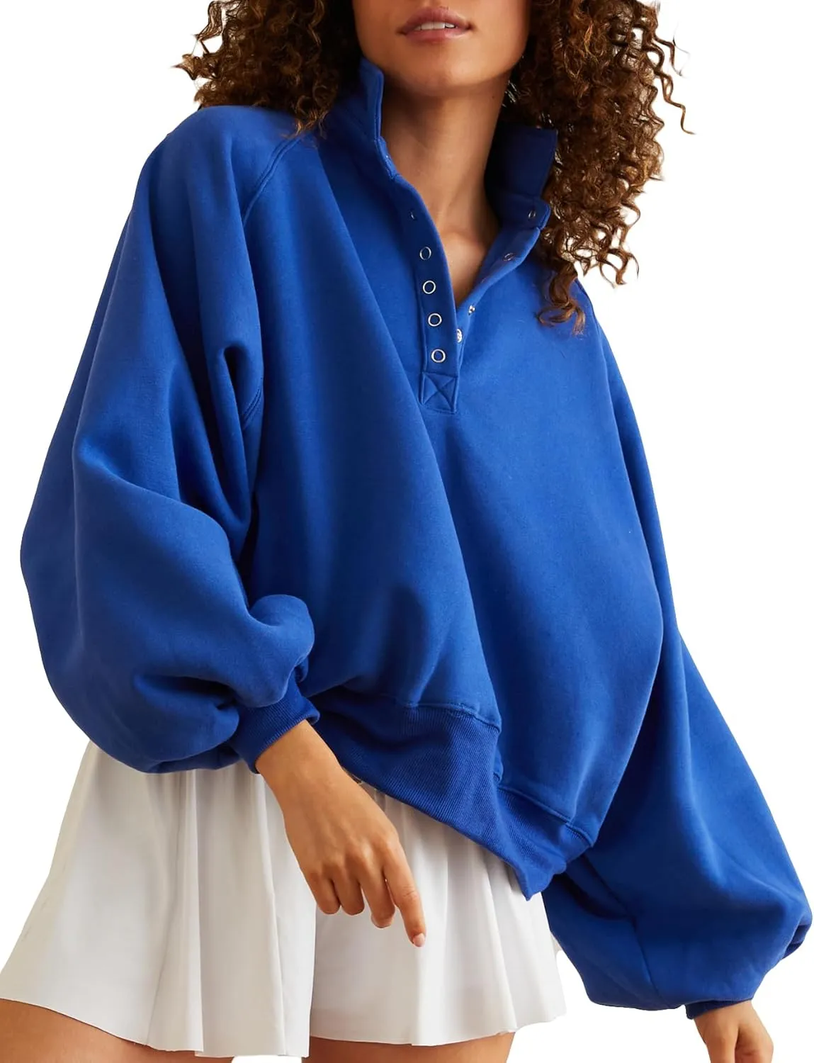 Women's Oversized Sweatshirt Casual Loose V Neck Lantern sleeve Snap Collared Cropped Pullover Tunic Tops