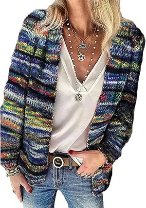Women's Rainbow Cardigan Sweater,Multi-Colored Striped Front Open Autumn Winter Knitted Sweater Oversize Cardigan Cover