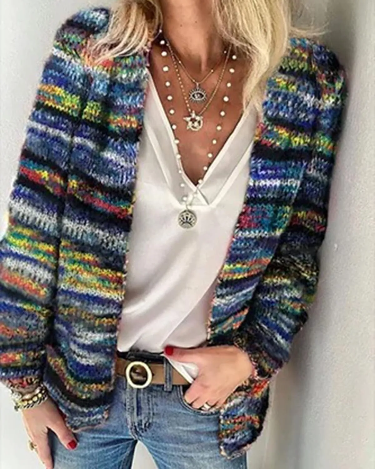 Women's Rainbow Cardigan Sweater,Multi-Colored Striped Front Open Autumn Winter Knitted Sweater Oversize Cardigan Cover