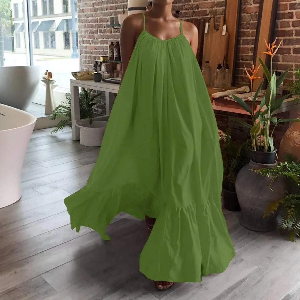 Womens Sexy Sleeveless Spaghetti Strap Dress Ruched Ruffle Hem Beach Sundress Loose Long Boho Maxi Swing Dresses