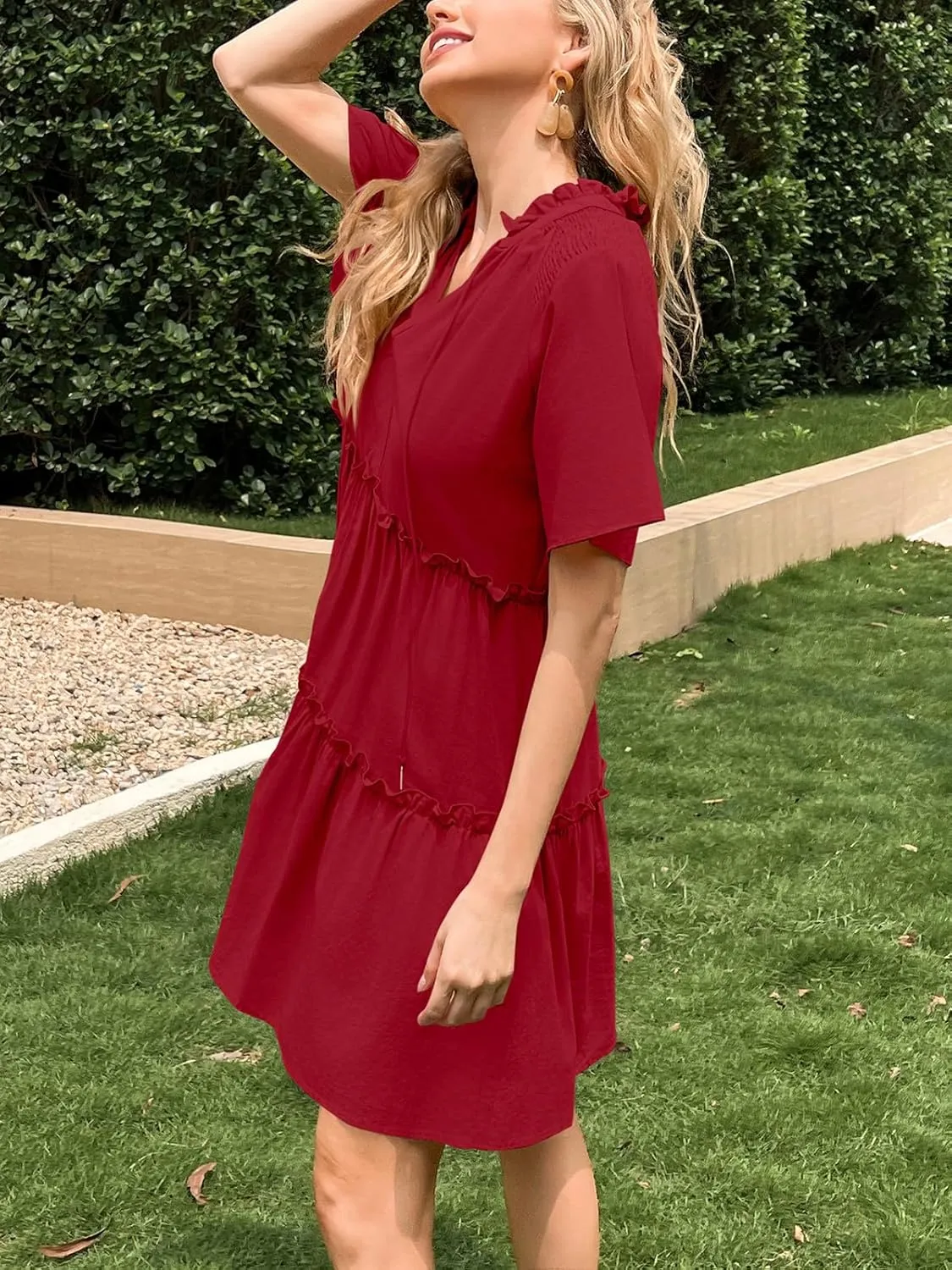 Womens Split V Neck Drawstring Neck Tie Ruffle Tiered Dress Short Sleeve Babydoll Tunic Swing Mini Dresses Sundresses