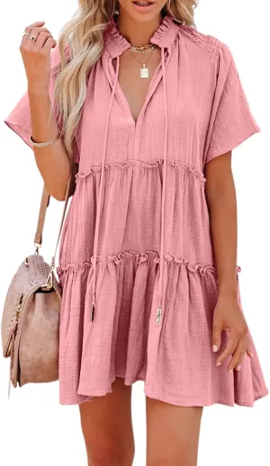 Womens Split V Neck Drawstring Neck Tie Ruffle Tiered Dress Short Sleeve Babydoll Tunic Swing Mini Dresses Sundresses