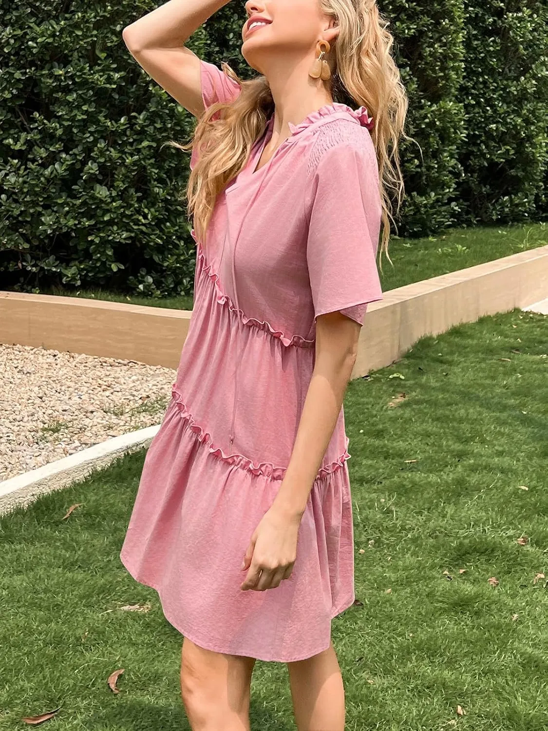 Womens Split V Neck Drawstring Neck Tie Ruffle Tiered Dress Short Sleeve Babydoll Tunic Swing Mini Dresses Sundresses