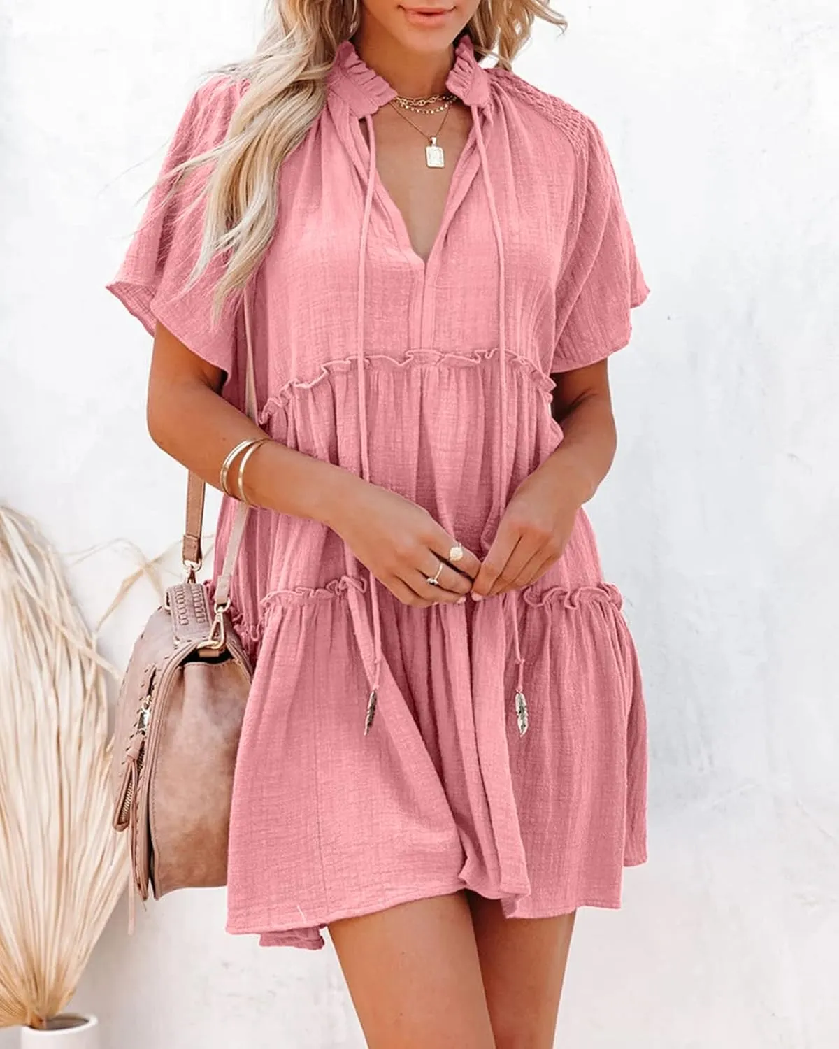 Womens Split V Neck Drawstring Neck Tie Ruffle Tiered Dress Short Sleeve Babydoll Tunic Swing Mini Dresses Sundresses