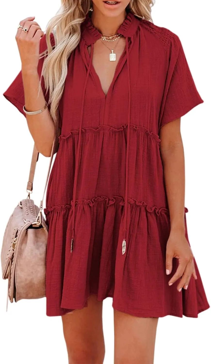 Womens Split V Neck Drawstring Neck Tie Ruffle Tiered Dress Short Sleeve Babydoll Tunic Swing Mini Dresses Sundresses