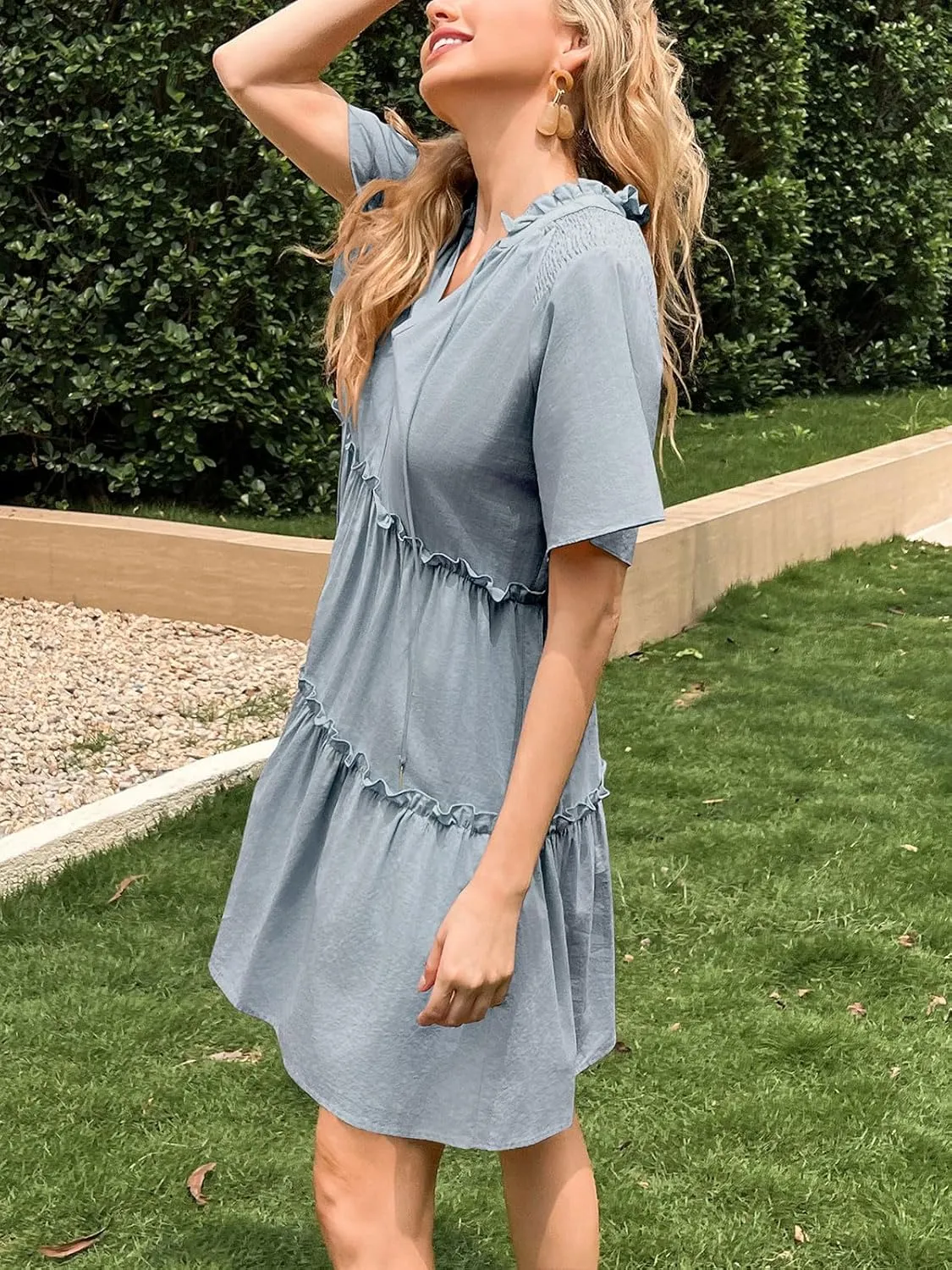 Womens Split V Neck Drawstring Neck Tie Ruffle Tiered Dress Short Sleeve Babydoll Tunic Swing Mini Dresses Sundresses