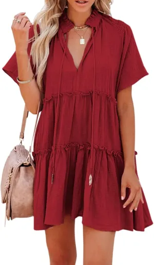 Womens Split V Neck Drawstring Neck Tie Ruffle Tiered Dress Short Sleeve Babydoll Tunic Swing Mini Dresses Sundresses
