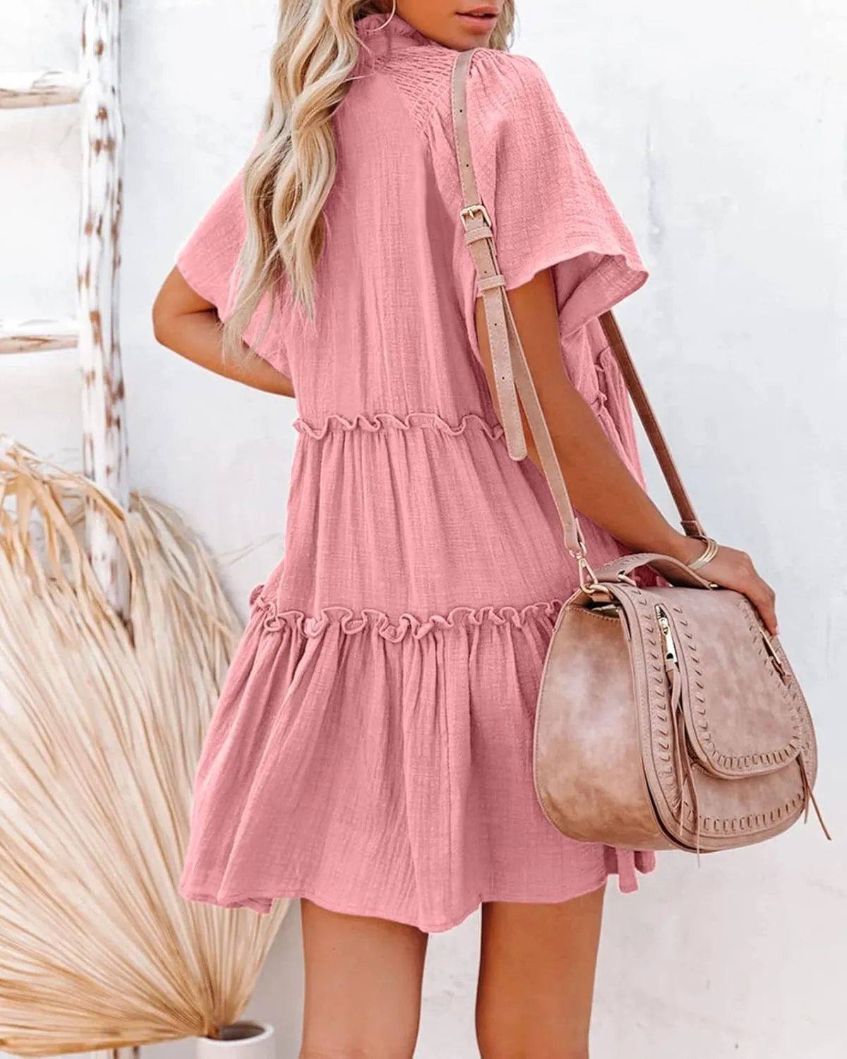 Womens Split V Neck Drawstring Neck Tie Ruffle Tiered Dress Short Sleeve Babydoll Tunic Swing Mini Dresses Sundresses
