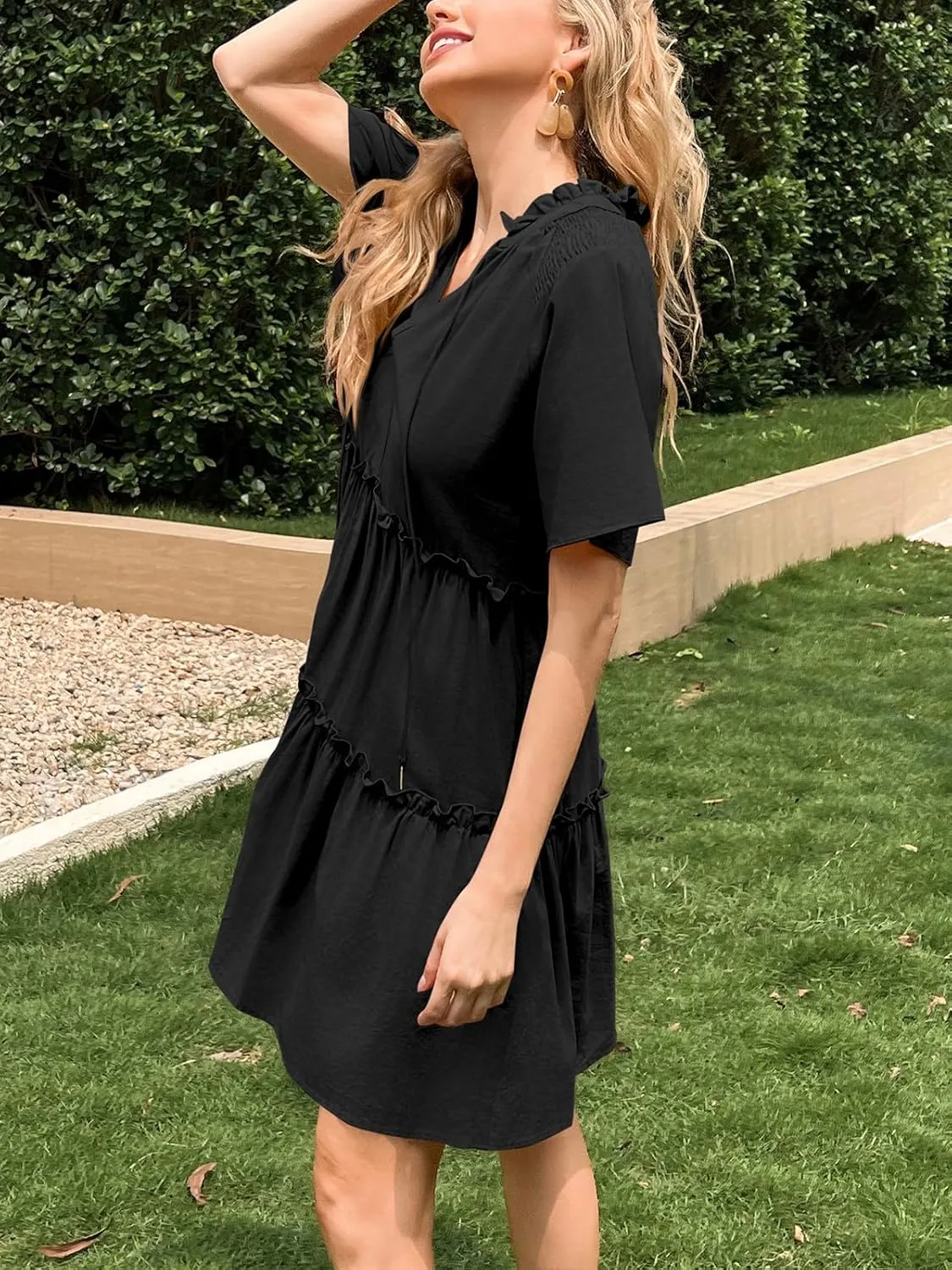 Womens Split V Neck Drawstring Neck Tie Ruffle Tiered Dress Short Sleeve Babydoll Tunic Swing Mini Dresses Sundresses