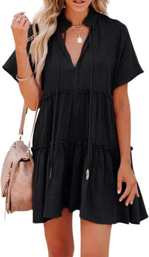 Womens Split V Neck Drawstring Neck Tie Ruffle Tiered Dress Short Sleeve Babydoll Tunic Swing Mini Dresses Sundresses