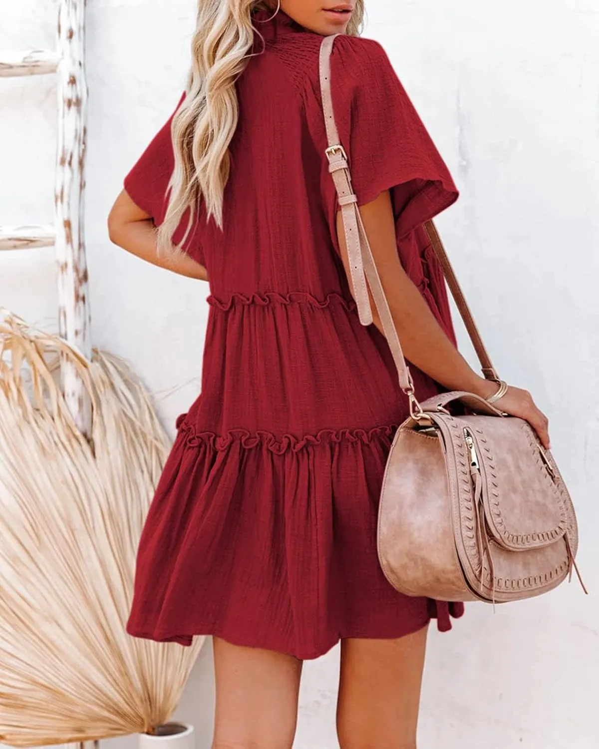 Womens Split V Neck Drawstring Neck Tie Ruffle Tiered Dress Short Sleeve Babydoll Tunic Swing Mini Dresses Sundresses