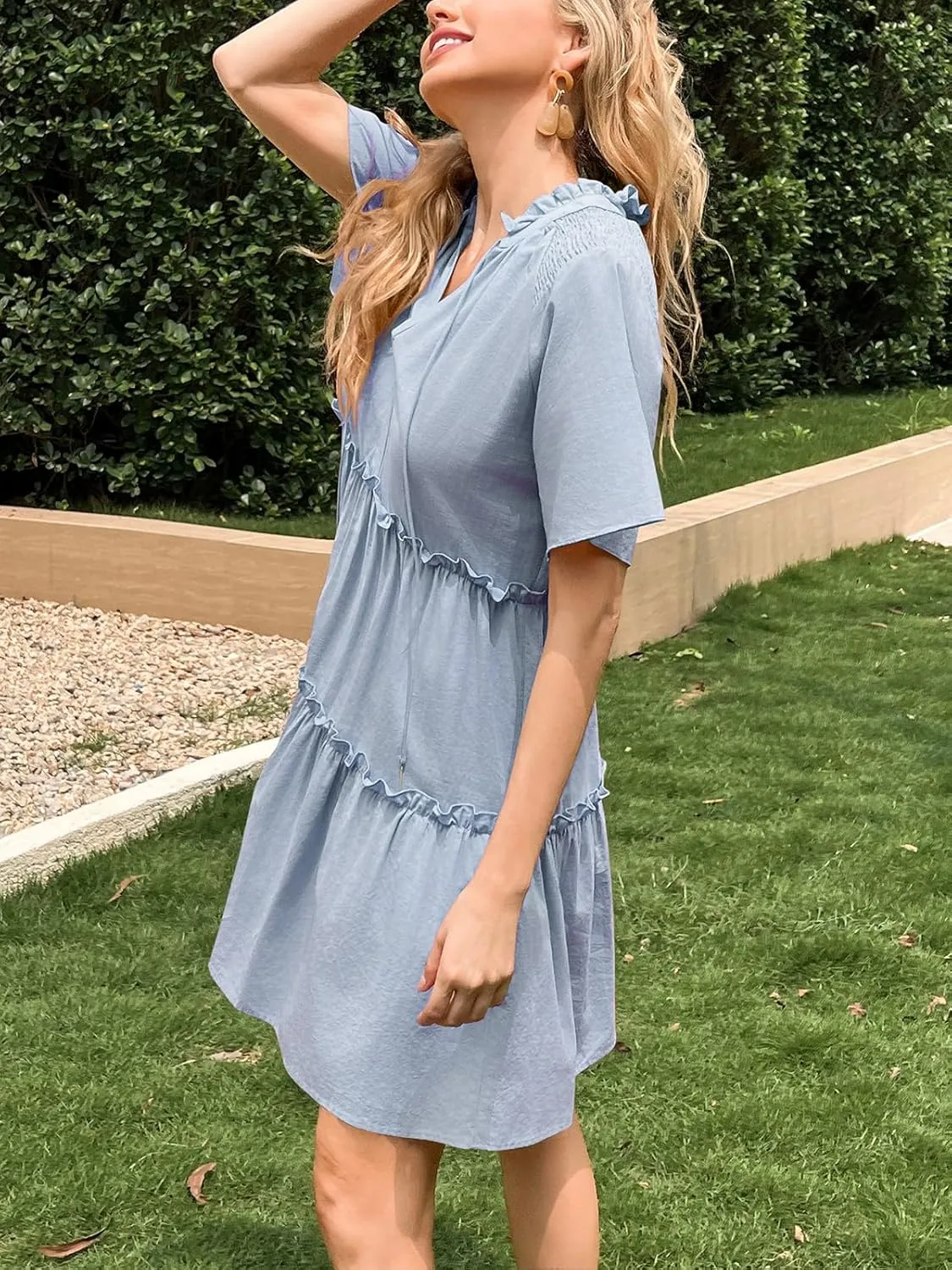 Womens Split V Neck Drawstring Neck Tie Ruffle Tiered Dress Short Sleeve Babydoll Tunic Swing Mini Dresses Sundresses