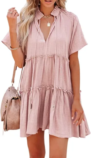 Womens Split V Neck Drawstring Neck Tie Ruffle Tiered Dress Short Sleeve Babydoll Tunic Swing Mini Dresses Sundresses