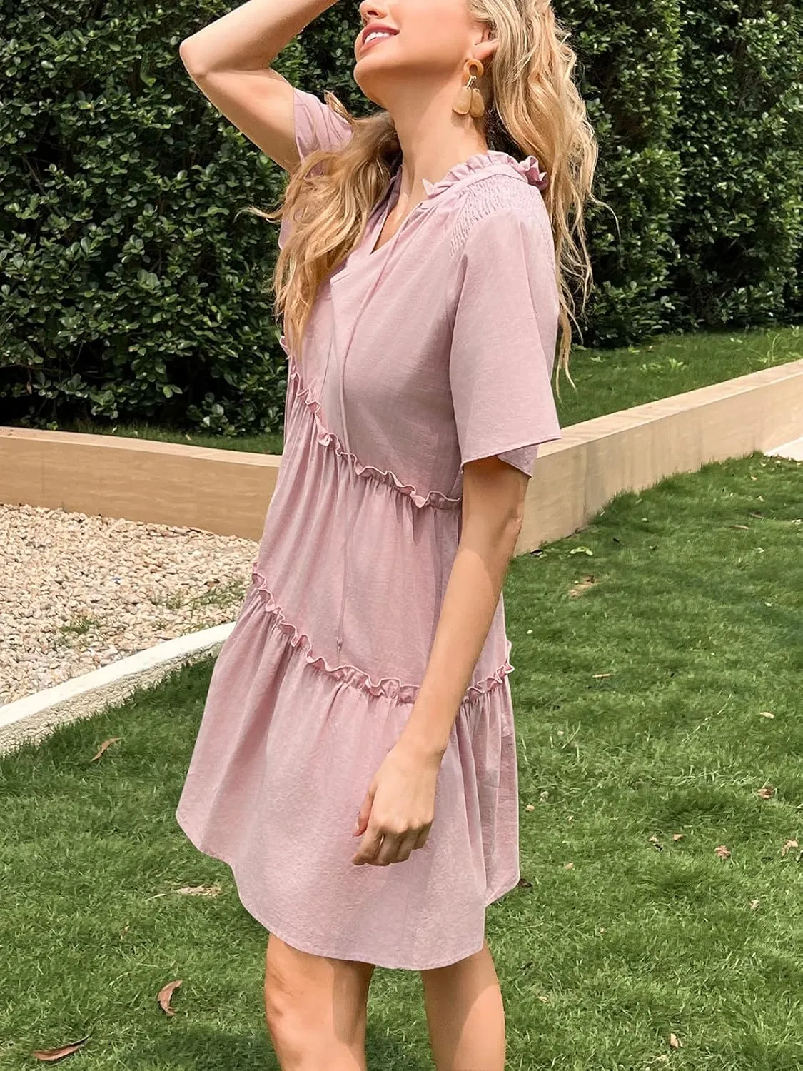 Womens Split V Neck Drawstring Neck Tie Ruffle Tiered Dress Short Sleeve Babydoll Tunic Swing Mini Dresses Sundresses