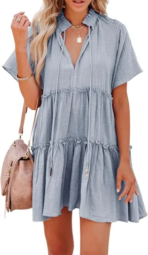 Womens Split V Neck Drawstring Neck Tie Ruffle Tiered Dress Short Sleeve Babydoll Tunic Swing Mini Dresses Sundresses